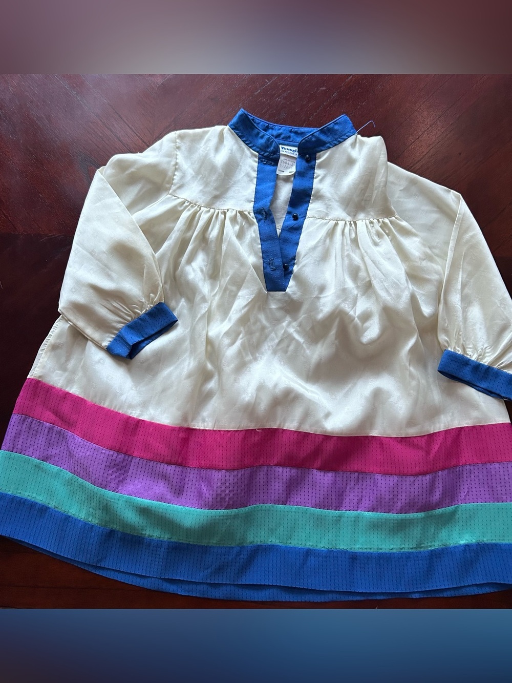 Vintage Youngland Cream Tunic Dress with Blue, Pink, Purple, Teal Accents size 6